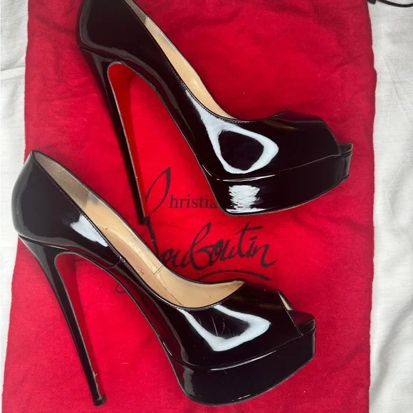 Christian Louboutin Glossy Black Peep Toe Heels - Picture 1 of 8